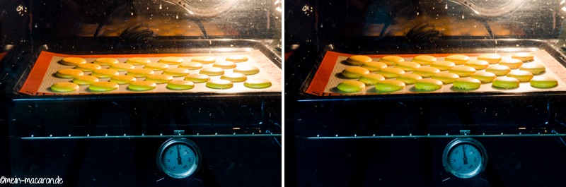 Die Temperatur sinkt etwas nach dem Einschieben. Die Macaron-tupfen nach 30 Sekunden und nach 3 Minuten ...