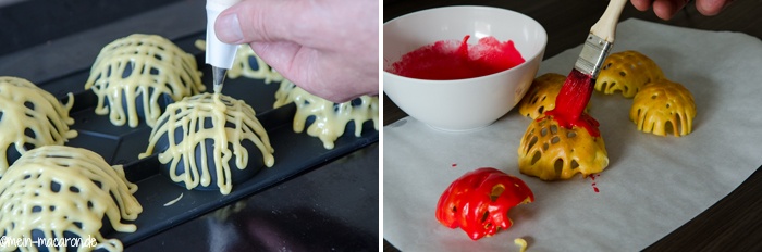 Brandteig-Käfige werden aufgespritzt und rot angemalt.