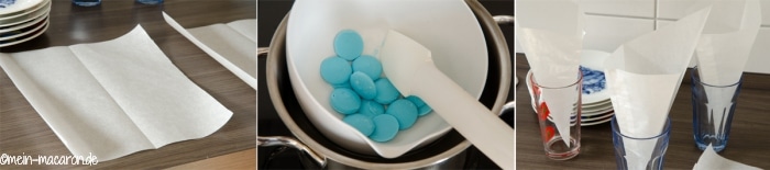 Backpapier gefaltet, geschmolzene Candy Melts und Papiertütchen.