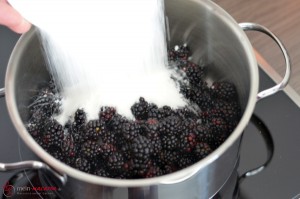 Brombeermarmelade, Gelierzucker und Brombeeren mischen.