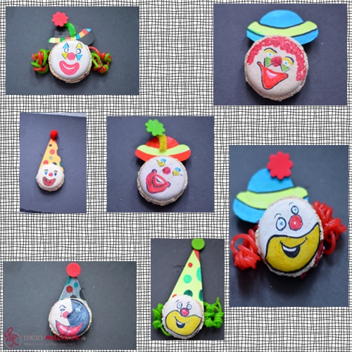 Clown-Macarons mit ErdbeercremeClown-Macarons mit Erdbeercreme.