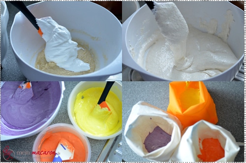Der Macaron Teig, gefärbt und aufgeteilt.