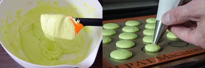 Der Macaron-Teig wird aufgespritzt.