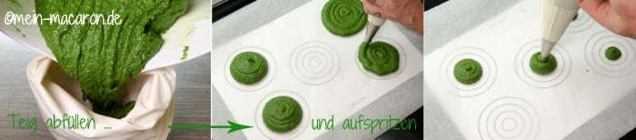 Macarons aufspritzen auf Backpapier mit Schablone.