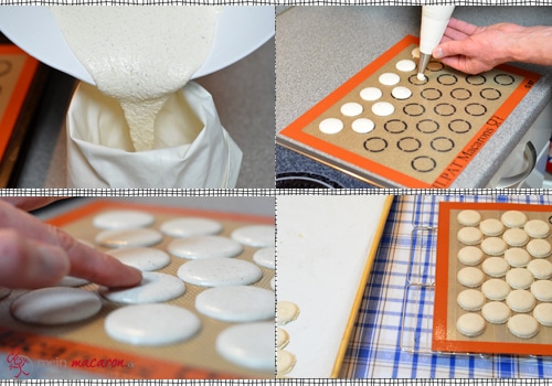 Macarons aufspritzen, trocknen und backen.