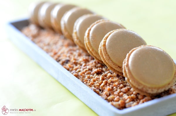 Macarons mit Nougat-Ganache und Haselnusskrokant.