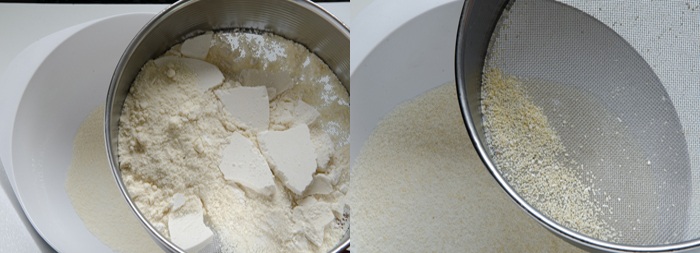 Mandeln und Puderzucker werden gesiebt. Grobe Stückchen kommen nicht in den Teig.