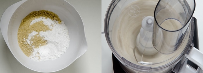 Mandeln und Puderzucker mischen und im Blitzhacker fein mahlen.