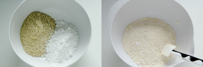 Mische die gesiebten, feinen Mandeln mit dem Puderzucker.