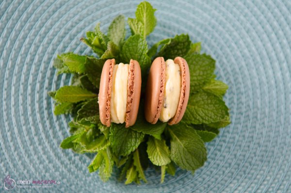 Schoko-Macarons mit Minz-Mousse.