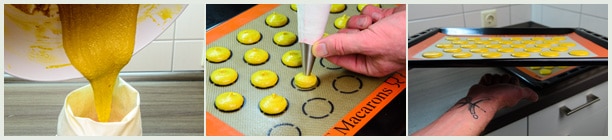 Macaron-Teig aufspritzen und Tupfen glätten.